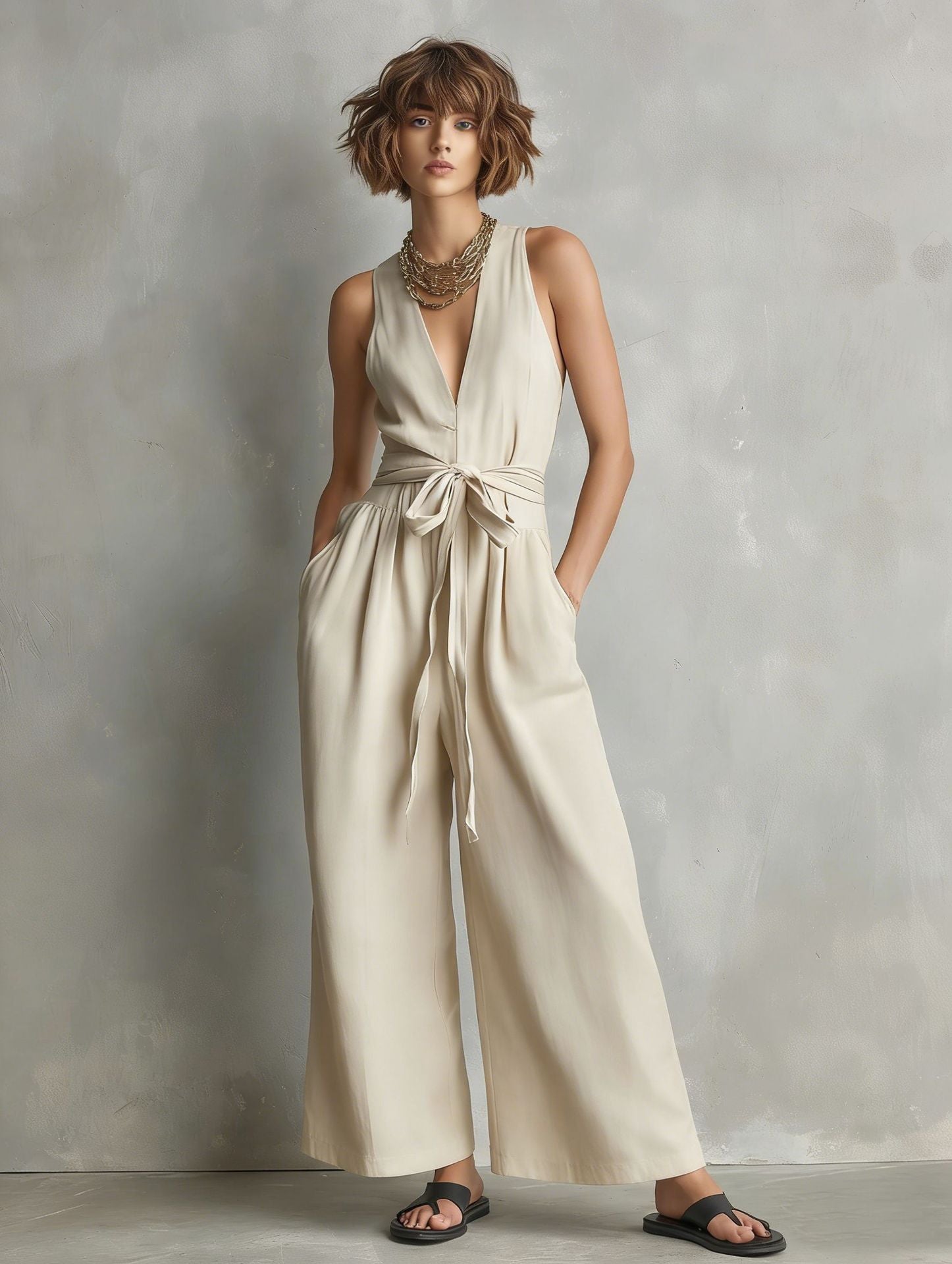 Elegant Commuter V-Neck Jumpsuit For Women